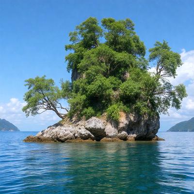The primary subject of the image is a large rock with a tree growing on top of it. The rock is surrounded by water, and the tree appears to be a palm tree. The setting is a body of water, and the visual style is a photo. The colors and mood of the image are serene and natural, with the blue water and the green tree creating a peaceful atmosphere.